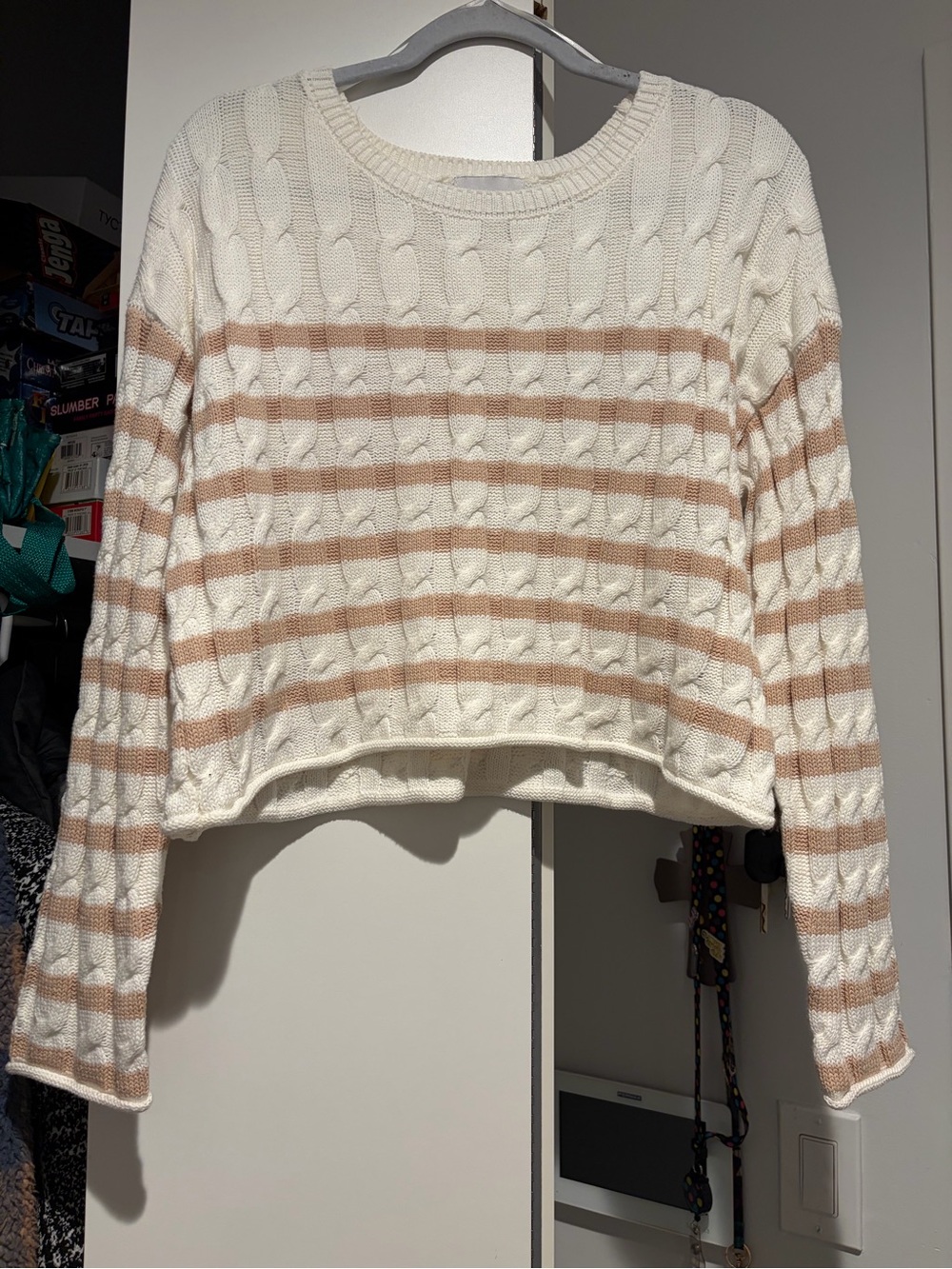 Pink Rose Cream Cable-Knit Cropped Sweater with Tan Stripes